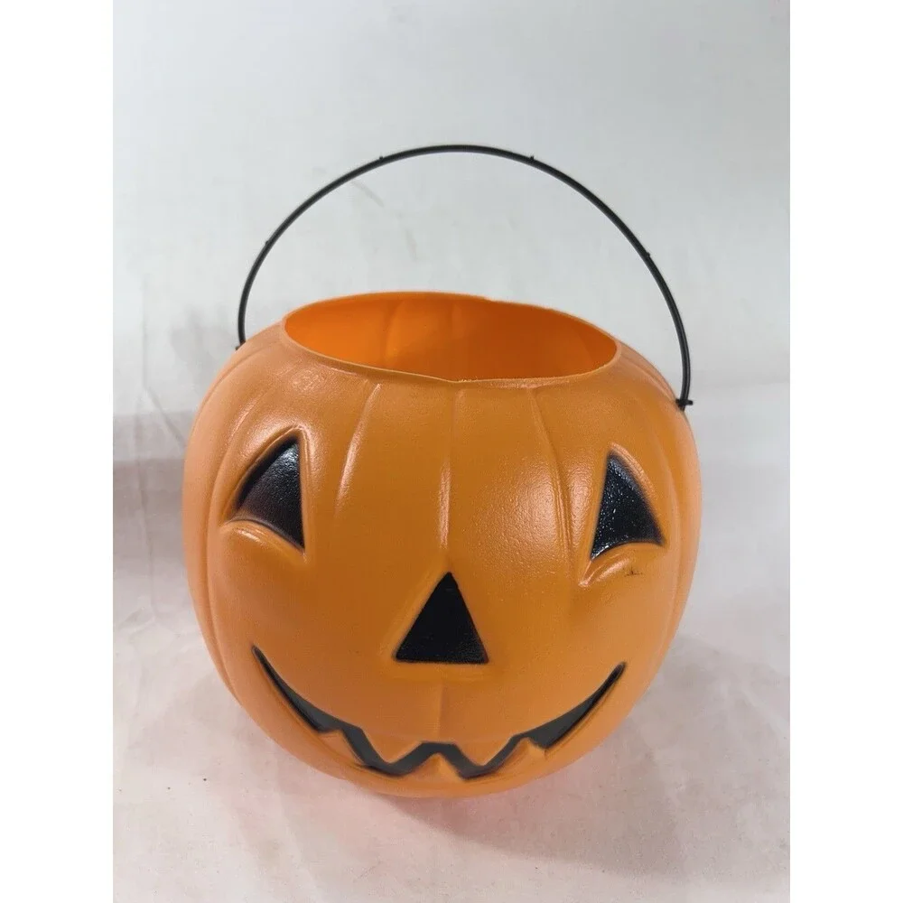 Orange Pumpkin Blow Mold Bucket Pail Handle Halloween Trick or Treat Candy